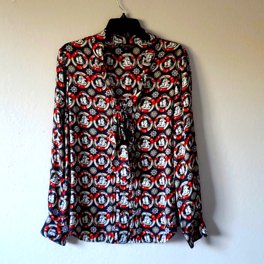 Brooks Brothers Silk Nautical Button Up Women's Blouse. Size 12 w FREE EARRINGS